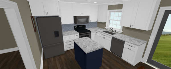 Charleston SC kitchen remodel concept — 3D rendering featuring white shaker cabinets, navy blue center island with granite countertops, and stainless steel appliances designed by KDC Interiors