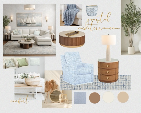Coastal Mediterranean living room mood board by KDC Interiors — neutral sectional sofa, blue upholstered swivel chair, round fluted wood coffee table, ceramic table lamp, sage and blue throw pillows, abstract blue area rug, and olive tree with soft coastal color palette