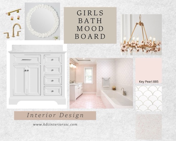 Girls bathroom mood board by KDC Interiors — white shaker vanity with marble top, brass widespread faucet, coral flower chandelier, white scallop tile, blush pink Key Pearl paint, round textured mirror, and soft pink floor tile