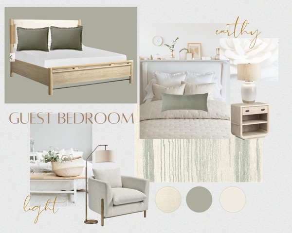 Guest bedroom mood board by KDC Interiors — light oak platform bed with sage green pillows, upholstered white headboard, oatmeal linen accent chair, weathered wood nightstand, ceramic table lamp, sage and cream abstract rug, and earthy neutral color palette