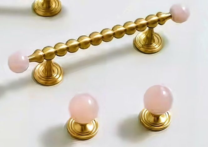 Brass and pink quartz cabinet hardware, by KDC Interiors