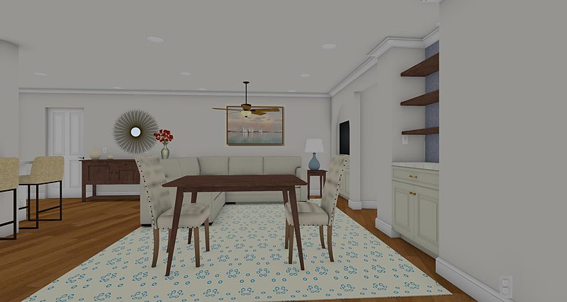 Design rendering of the living and dining plan, by KDC Interiors